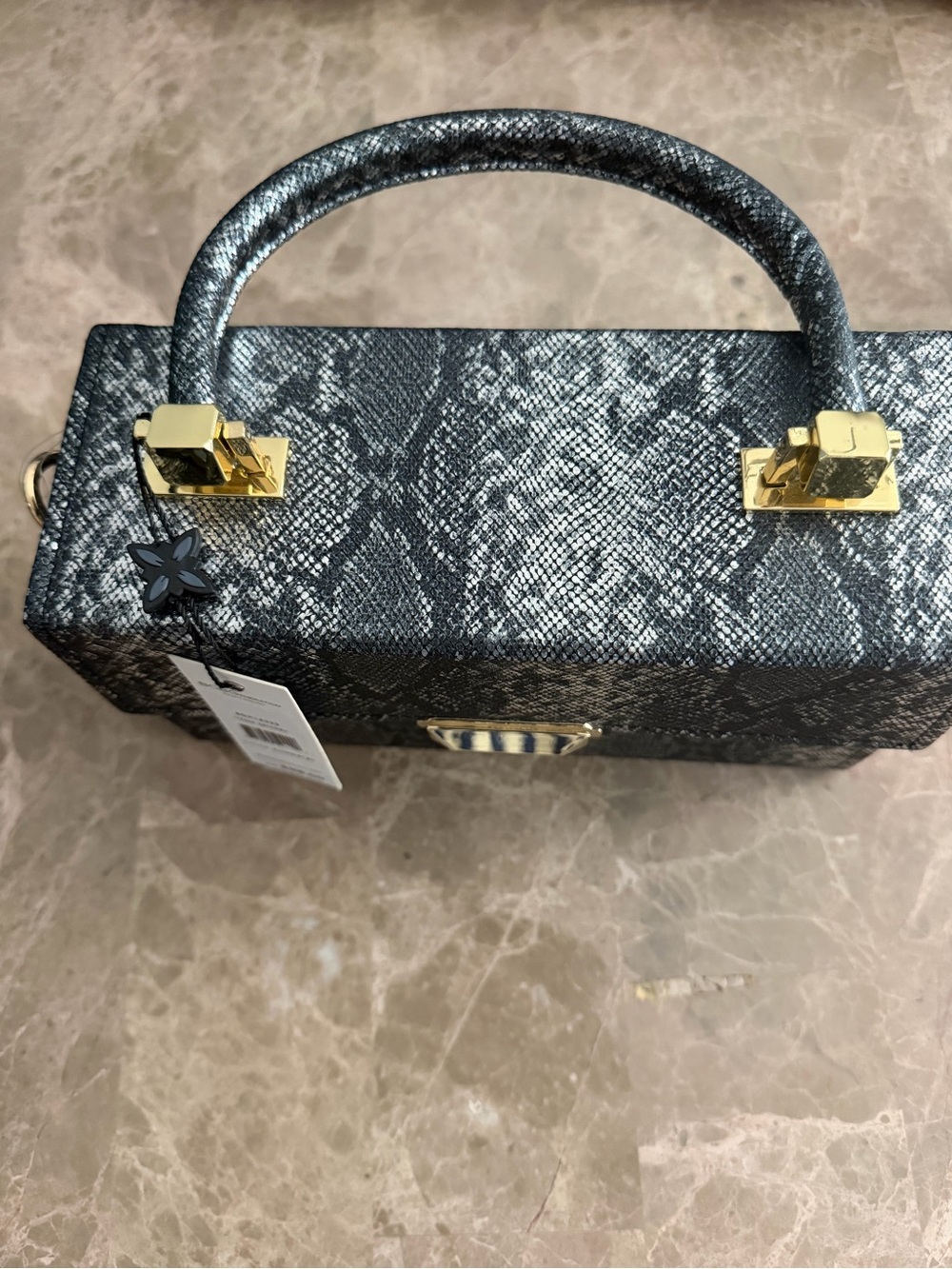 BCBGeneration Black Snake-Print Top-Handle Box Crossbody with Gold Hardware